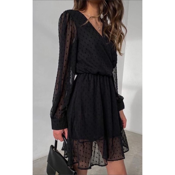 Black SwissDot Side Tie Ruffle Mini Jumpsuit Dress - Picture 5 of 13